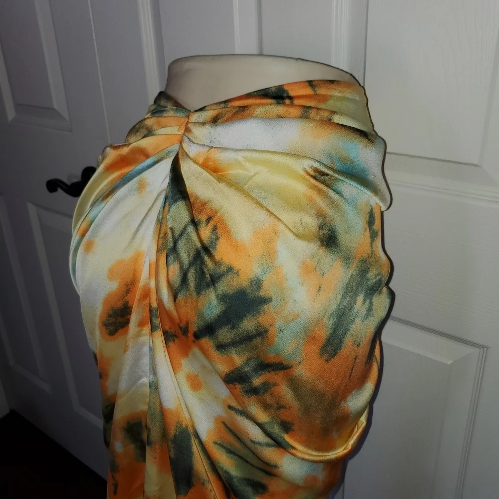 Orange Tie Dye Ruched Side Midi Skirt Open Side Beachy Sexy Sophisticated 6